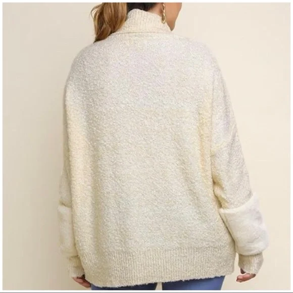 Umgee Long Sleeve Turtleneck Knit Pullover Sweater with Faux Fur Sleeve Detail - Picture 3 of 7